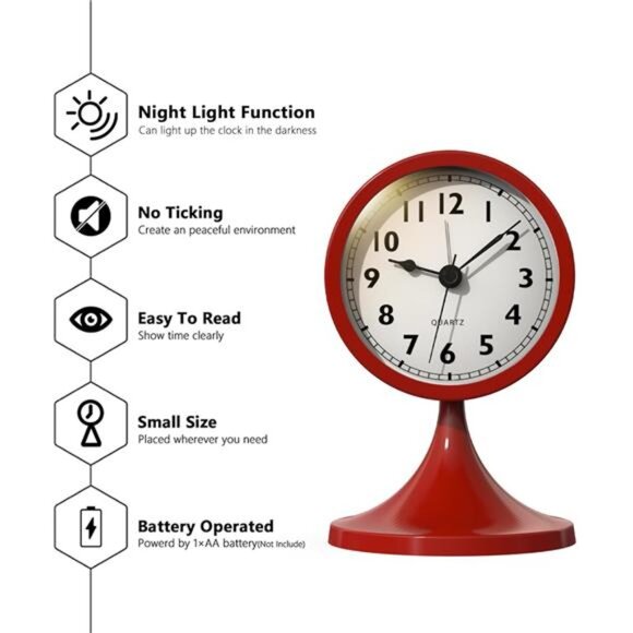 Cute Red Analog Alarm Clock – Small Retro Battery-Powered Table Clock - Picture 3 of 8